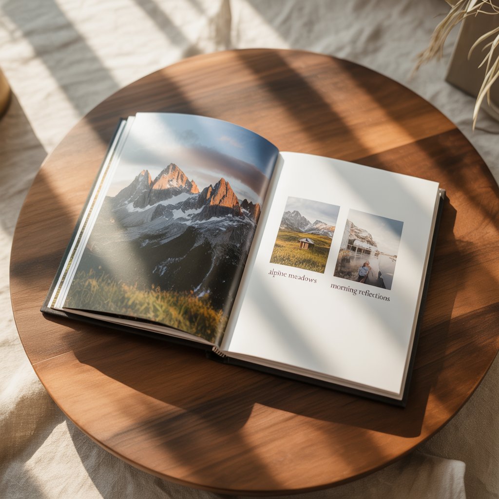 An open photo book on a coffee table showing mountain landscapes and travel photos with captions