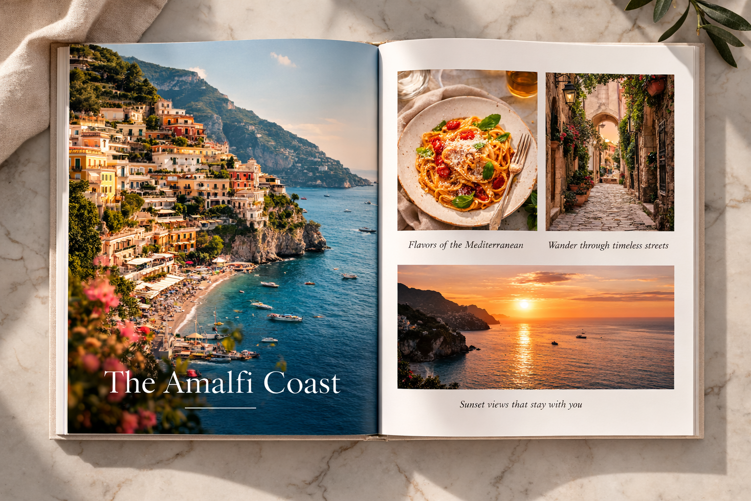 An open photo book spread showing The Amalfi Coast chapter with travel photos and captions